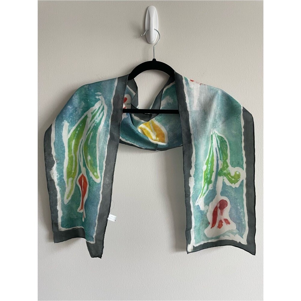 Long rectangular silk scarf watercolor blue tulip floral whimsy ethereal 52 x 8